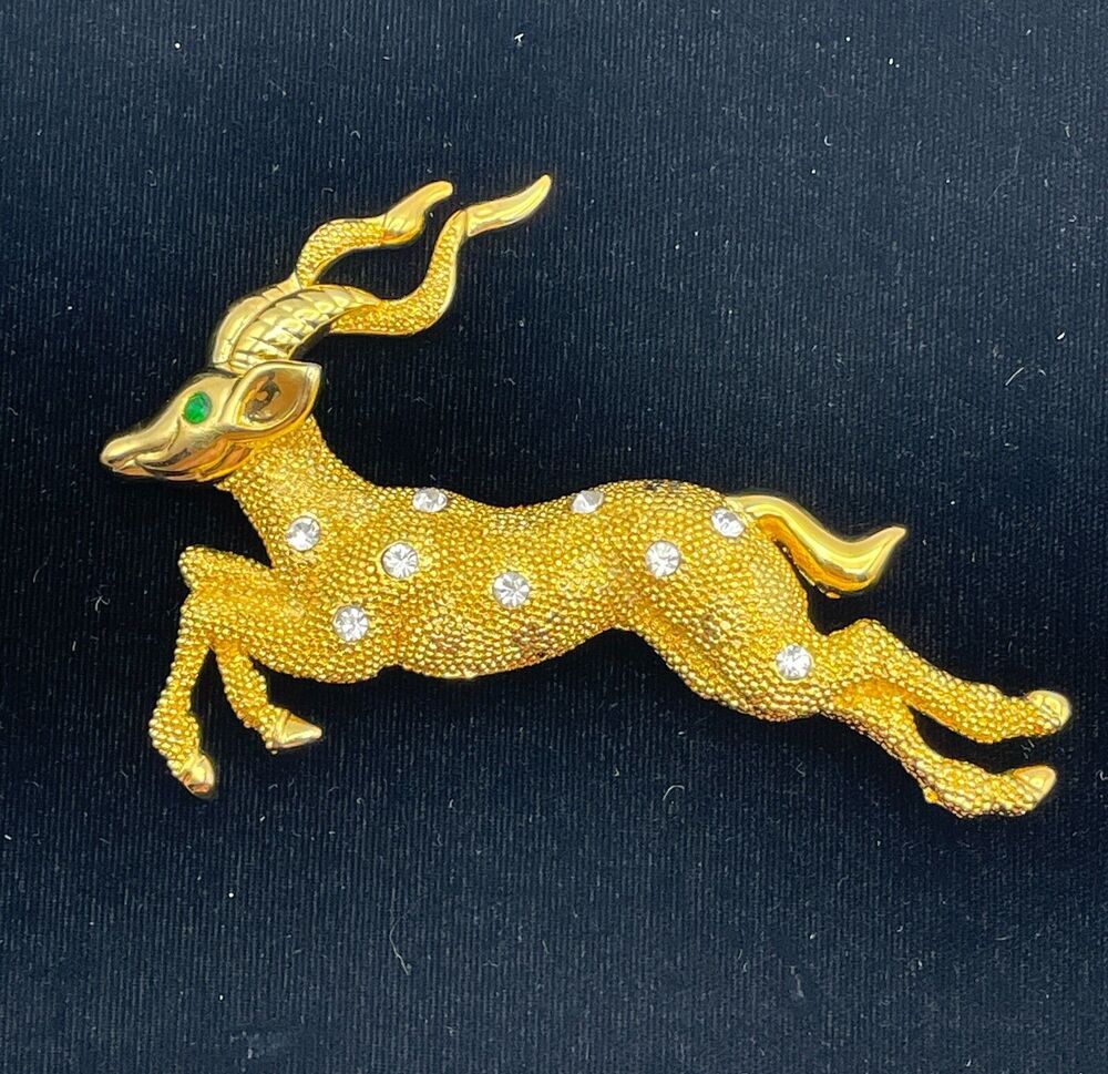 Leaping Gazelle Figural Brooch Gold Plated Pin Crystal Green Eye 4" Unsigned 90s